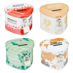 Herzförmige Sparbüchse mit Sicherheitsschloss, Sortiment 1 | Liebevolle Geldbox