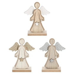 Holz-Engel mit Glitter auf Fuß, 3er-Set, 13 cm hoch – Schimmernde, festliche Deko