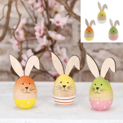 Holz Osterhasen in Ei-Form, 3er-Set, klein, ca. 5x11 cm