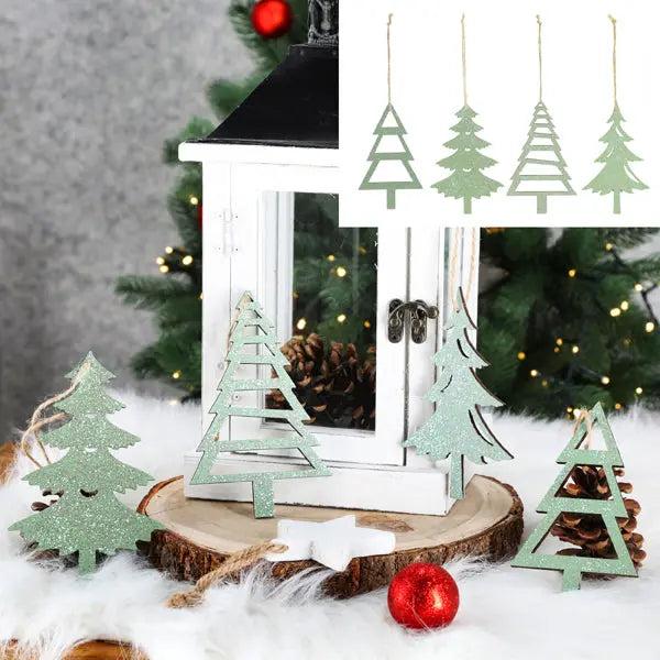 Holz Tannenbaum Anh&auml;nger Set - 4er Pack - Rustikale Weihnachtsdekoration