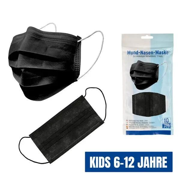 Kinder Gesichtsmaske Schwarz, 10er Pack - Schutz f&uuml;r Mund und Nase, Ideal f&uuml;r Kinder