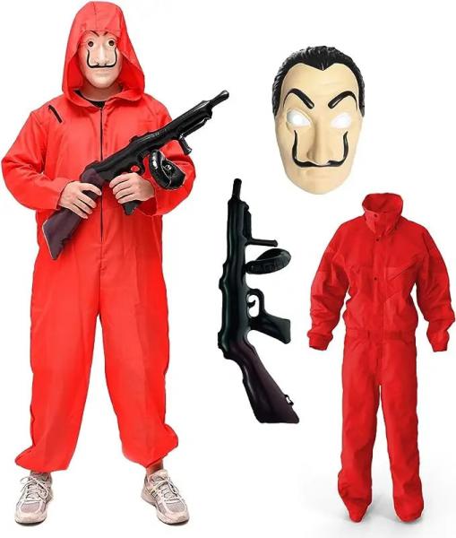 Kostüm Set - Haus des Geldes für Erwachsene Unisex mit Dali Salvador Maske, aufblasbares Gewehr, roter Overallanzug für Fasching & Hallo