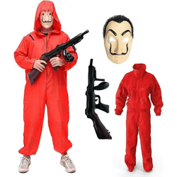 Kostüm Set - Haus des Geldes für Erwachsene Unisex mit Dali Salvador Maske, aufblasbares Gewehr, roter Overallanzug für Fasching & Hallo