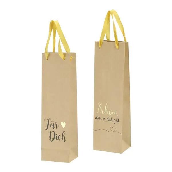 Kraftpapier Flaschent&uuml;ten mit Spr&uuml;chen, 2er-Set, ca. 35cm H&ouml;he &ndash; Stilvolle Geschenkverpackung