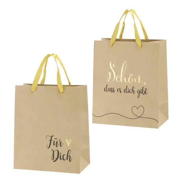 Kraftpapier Geschenkt&uuml;ten mit Spr&uuml;chen - 2er Set, Gr&ouml;&szlig;e S, ca. 24cmH, Umweltfreundliche Geschenkbeutel