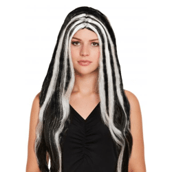 Lange Hexenperücke Schwarz/Weiß Streift, 65cm 150g - Ideal für Halloween