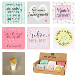 LED-Untersetzer mit lustigem Spruch, 12er Pack - Stimmungsaufheller für Partys