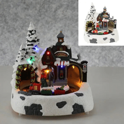 LED winter landscape with couple and train, festive decoration, 20x21cm
