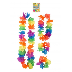 Lei Hula Set, 4 Stück, 6cm Blütenblätter, Neonfarben - Mehrfarbige Hawaiikette