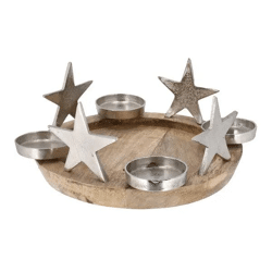 Mango-Holz Adventskranz mit Stern und Stumpenkerze, Ø 34 cm