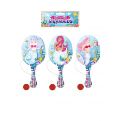 Meerjungfrauen-Paddelschläger und Ball aus Holz, 22 cm, 3 verschiedene Designs – Outdoor-Spielset für Kinder