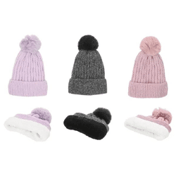 Melierte Mütze mit Zopfmuster und Bommel, 3er Set - Trendige Winteraccessoires