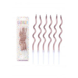 Partykerzen 6 Stück mit Haltern, 12 cm, Rosegold Wellen-Design - Dekorative Geburtstagskerzen