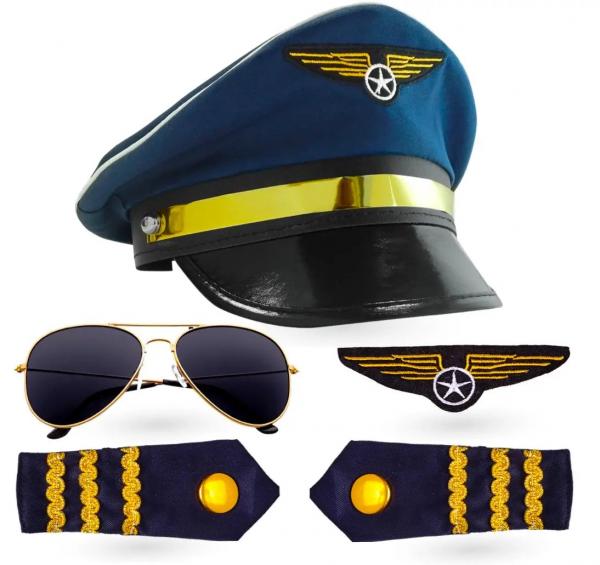 Pilot Set Kapitän Fasching Karneval für Herren Kostüm mit Schulterklappen Streifen, Pilotenhut, Pilotenmütze, Abzeichen für Pilotenkos