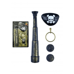 Piraten-Teleskop 19 cm mit Augenklappe, Münze, Ohring – komplettes Piraten-Zubehör-Set