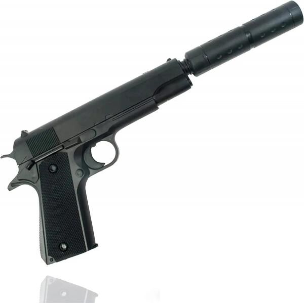 Pistole mit Schalld&auml;mpfer Kost&uuml;m Erwachsene 6 mm f&uuml;r Fasching Karneval Pistole wie Geheimagent, Lara Croft, SWAT, Tomb Raider, Polizei
