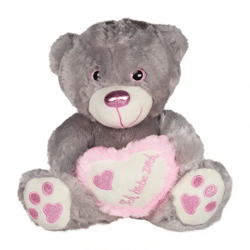 Plush bear with heart in metallic look, gray/pink, 30cm