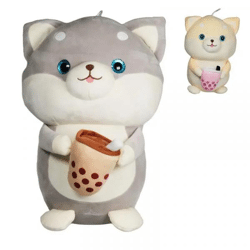 Plush dog with bubble tea, 