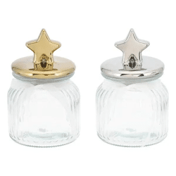 Produkttitel: 2er Set Mittelgroße Vorratsgläser mit Metallic-Stern Deckel - 18cm Höhe