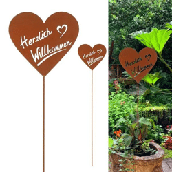 Rostiger Gartenstecker 'Herzlich Willkommen' - Metallschild, 75 cm Höhe