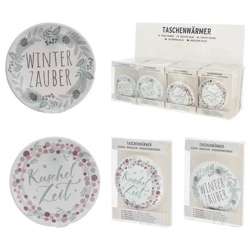 Runde Taschenheizkissen mit Wintersprüchen, 2er-Set, ca. 9cm Durchmesser, tragbar, wiederverwendbar