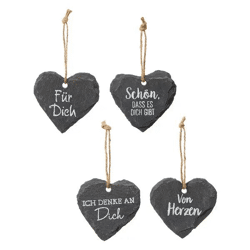 Schieferherz mit Sprüchen, 4er-Set, ca. 7x7cm | Dekorative Herzplatten | Schieferherzen mit Text