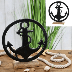 Schwarzer Anker im Kreis auf Ständer, Dekoratives Element, 25 cm Durchmesser