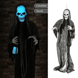 Sensenmann mit Laterne und Blauen LEDs, Lebensgroß 180cm, Grusel-Deko