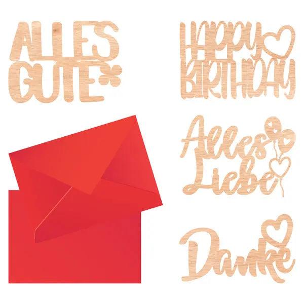 Set aus 4 Holz-Gl&uuml;ckwunschkarten, 15x10 cm - Einzigartige, umweltfreundliche Karten