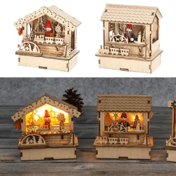 Set mit 2 LED-Holzhäusern, rustikaler Charme, ca. 10x11 cm, batteriebetrieben, warmes Licht