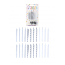 Silver party candles, 24 pieces, 6 cm, 3 different motifs, including 12 candle holders