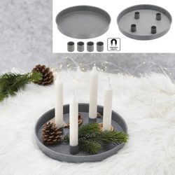 Tablett mit 4 magnetischen Kerzenhaltern, Grau, Durchmesser 25 cm