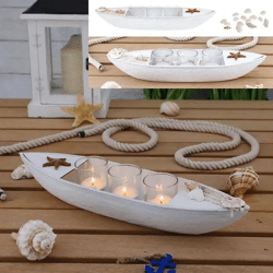 Teelichthalter-Set, Boot - Weißes, ca. 40 cm breites Teelicht-Display im maritimen Stil