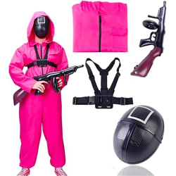 The Game Squid 4 in 1 - Set Kostüm mit Anzug & Gewehr & Maske - Erwachsene für Fasching & Karneval & Halloween