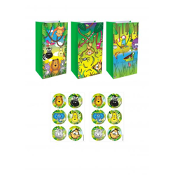 Tüte Jungle 3Er-Pack, Aufkleber mit 3 cm, 6 Motive, Tüten 13x25x8 cm