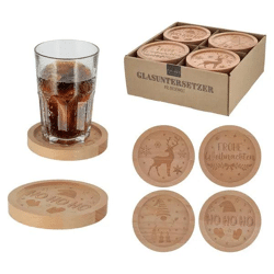 Weihnachtliche Glasuntersetzer mit Holzdekoration, 4er-Set, 11,5cm – Festliche Tischdeko