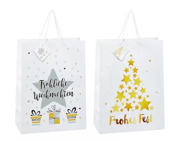 Weihnachts-Geschenkbeutel, edles Wei&szlig;/Gold, 2er-Set, XL, ca. 46 cm