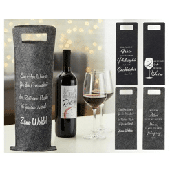 Weinflaschentaschen aus Filz mit Sprüchen, Sortiment 2, 4er-Set, Geschenkverpackung