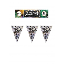 Wimpelkette „Frohes Neues Jahr“, 3,6 m, mit 11 holografischen PVC-Wimpeln – festliche Dekoration