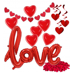 XXL Valentinstag Dekoration Deko Set - Heiratsantrag Hochzeit mit Herzluftballons, Girlande, LOVE Folienballon, Rosenblätter rot - Für Si