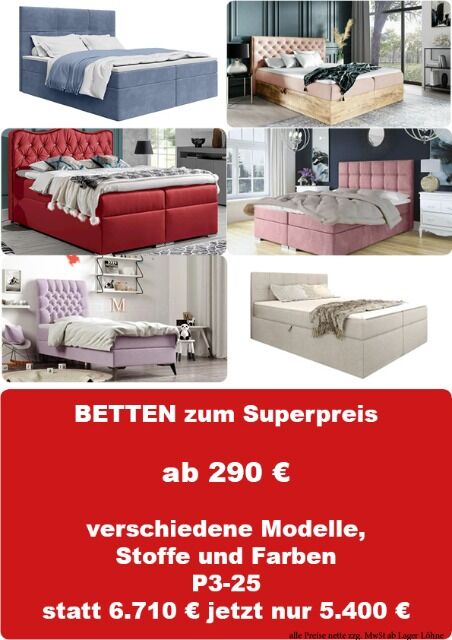 P3 Möbelpaket Betten, verschiedene Modelle, Stoffe und Farben mit Matratze