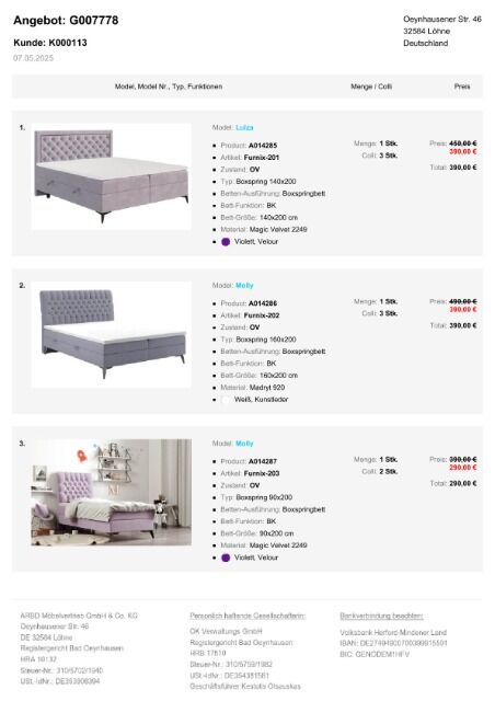 P3 Möbelpaket Betten, verschiedene Modelle, Stoffe und Farben mit Matratze