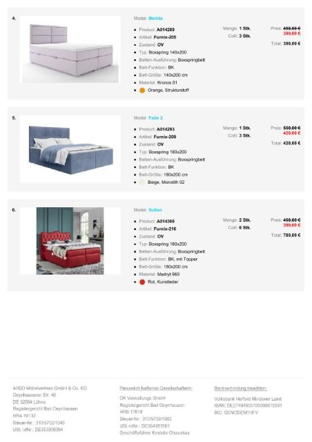 P3 Möbelpaket Betten, verschiedene Modelle, Stoffe und Farben mit Matratze