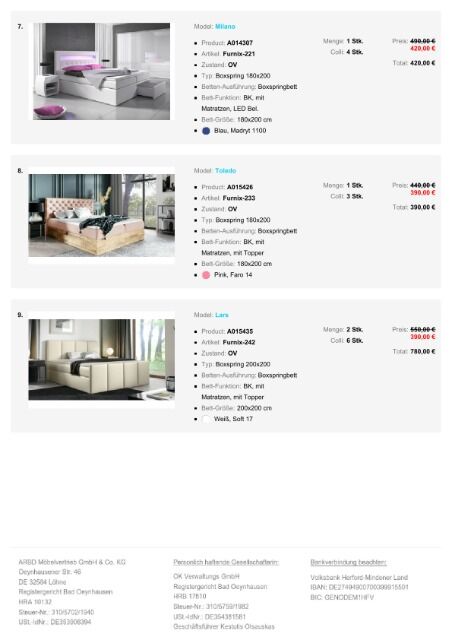 P3 Möbelpaket Betten, verschiedene Modelle, Stoffe und Farben mit Matratze