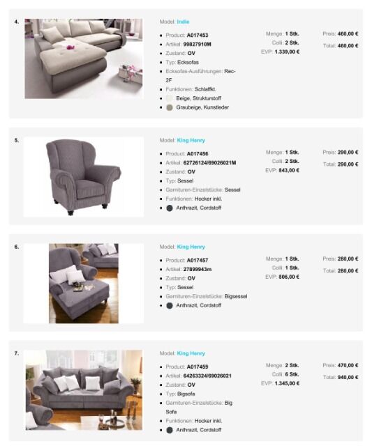 Möbel Posten Sofas Ecksofas Wohnlandschaften Sessel Bigsessel verschiedene Modelle Teil 1