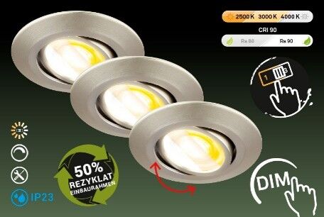 Nachhaltige ultraflaches LED Einbauleuchten 3er-Set - Flat schwenkbar - aus 50% recyceltem Kunststoff