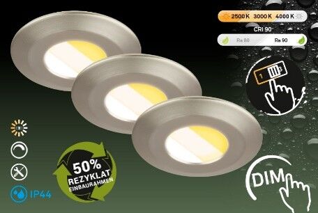 Nachhaltige ultraflaches LED Einbauleuchten 3er-Set - Flat starr - aus 50% recyceltem Kunststoff