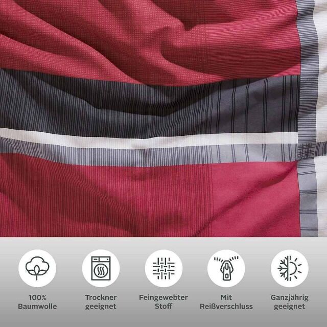 4,50 € pro Set – 2-teiliges Bettwäscheset aus Deutschland, 100 % Baumwolle, rot, Reißverschluss, 180 Stück auf Lager
