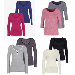 Ab 2,30 € für 2 Damen-T-Shirts mit 3/4-Ärmeln pro Packung – neue deutsche Katalogware, Größen 38–56, sofort lieferbar