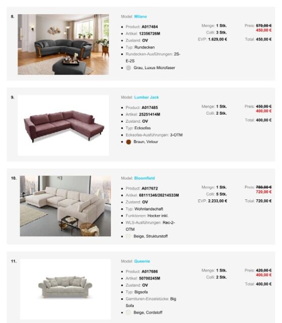 Möbel Packet nr.9 - Ecksofa, Wohnlandschaft, Bigsofas, einzelne Sofas verschiedene Modelle